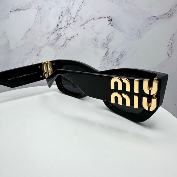 MIU MIU Sunglasses New Black Acetate Gold Metal Logo Square Cat Eye Authentic - Picture 14 of 16
